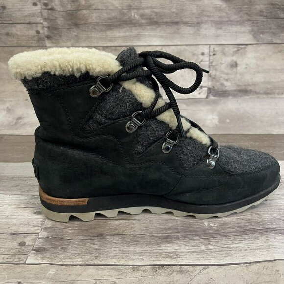Sorel Sneakchic Alpine Wedge Ankle Boots Bootie Wool Leather Black Size … - Picture 8 of 13